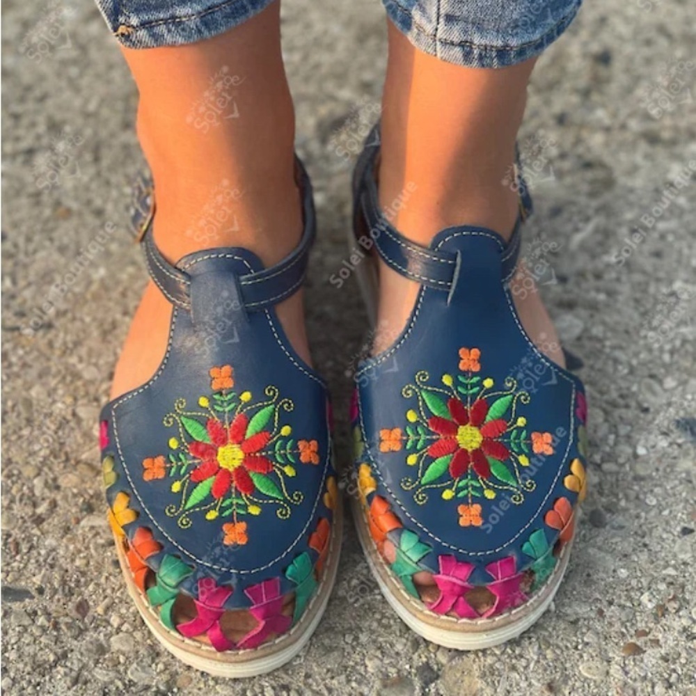 Beautiful Veronica Mexican Embroidered Navy Blue Leather Huarache Kids Sandals